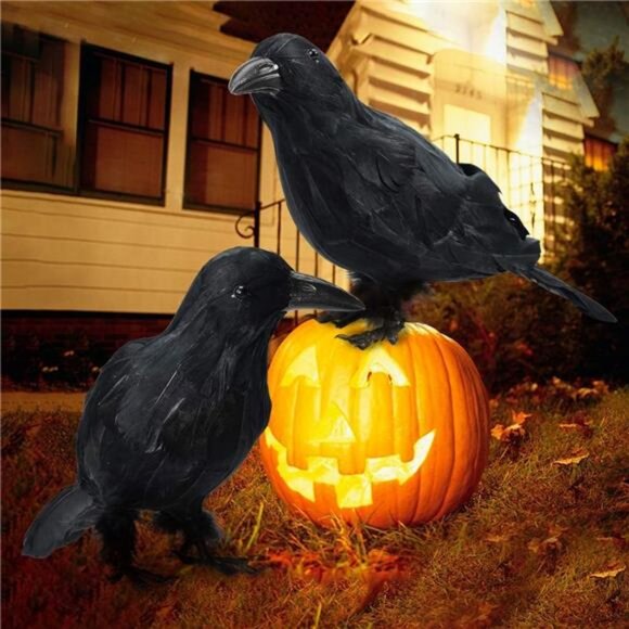 Halloween Decor 2 PCS Realistic Crow Halloween Decor Birds Black Feathered Crows - Picture 7 of 8
